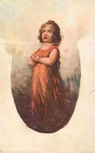 Lovely drawn girl in pray old postcard