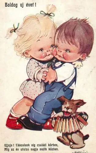 Dancing drawn children couple artist postcard Hungary 1946