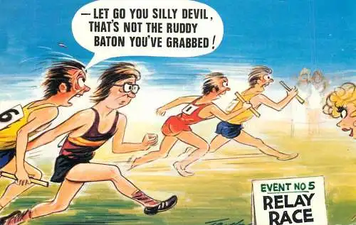 Humour by Taylor comic relay race event funny baton grabbed