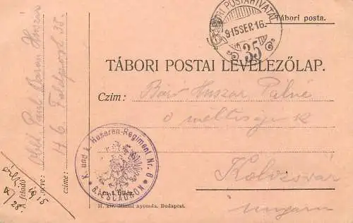 Tabori posta 1915 Husaren Regiment Nr. 6 - Kolozsvar