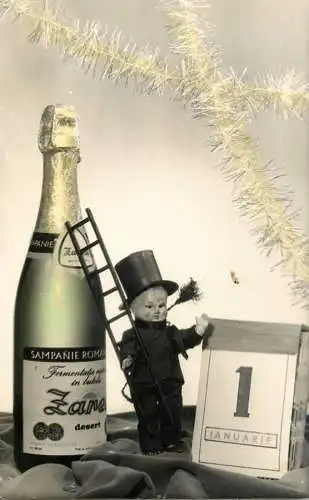 New Year greetings Romania Zarea champagne luck chimney sweep puppet