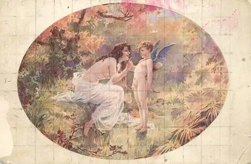 Lady & cupid love angel vintage fine art postcard