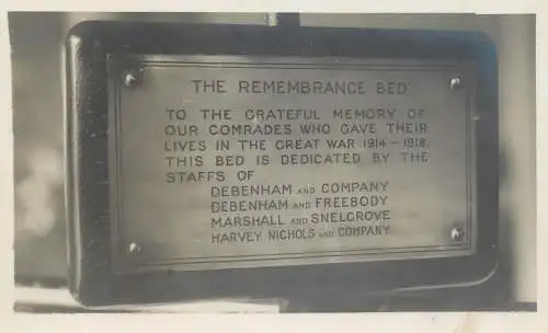 The Remembrance Bed to the grateful memory of our comrades who gave thei lives in the Great War 1914-1918
