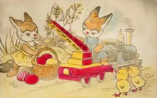 Easter greetings Romania 1973 drawn rabbits
