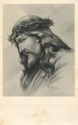 Jesus Christ with Crown of thorns signed illustration 1942