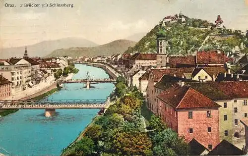 Austria Graz Drei Brucken mit Schlossberg