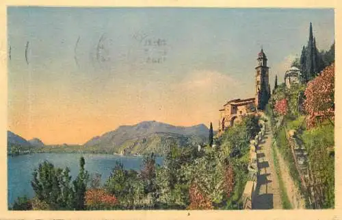 Switzerland Lago di Lugano Chiesa di Morcote e vista verso Porto Ceresio