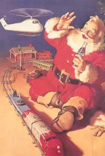Postcard advertising Coca Cola tran and helicopter toys