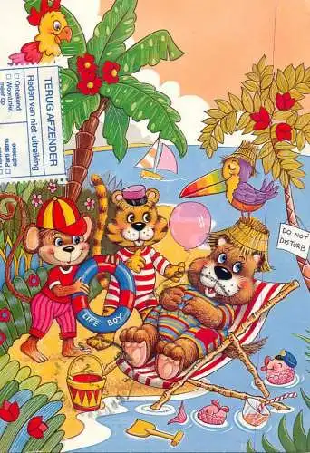 Postcard comic Belgium humanized animals relaxing at the beach