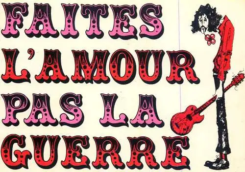 Postcard comic guitar player Faites l'amour pas la Guerre