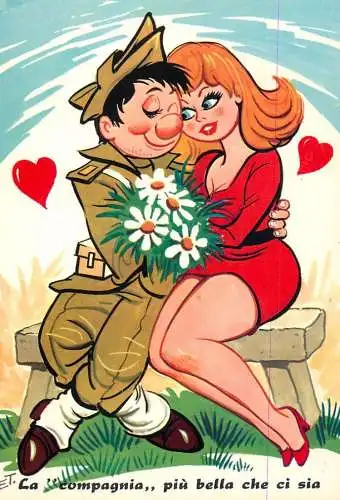 Postcard comic Italy La compagnia piu bella che ci sia uniform military couples