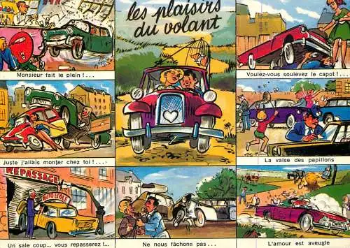Postcard comic Belgium le plaisir du volant car love couple