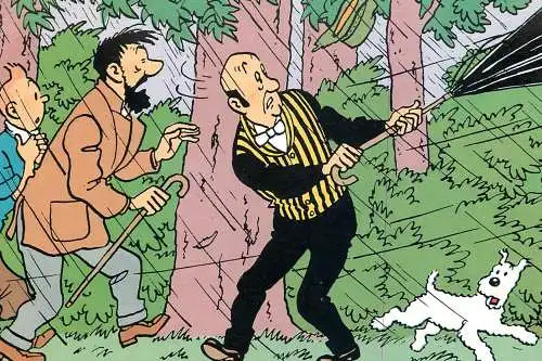 Postcard comic Belgium men in rain and dog