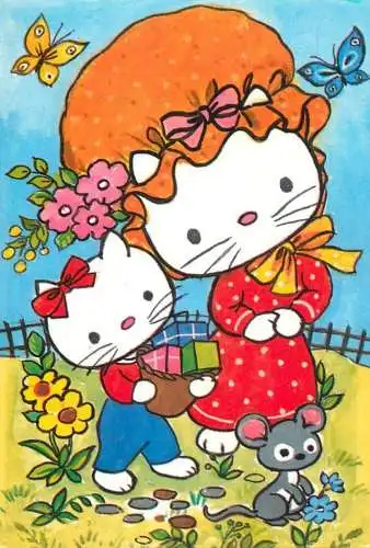 Postcard comic humanized cats and mouse