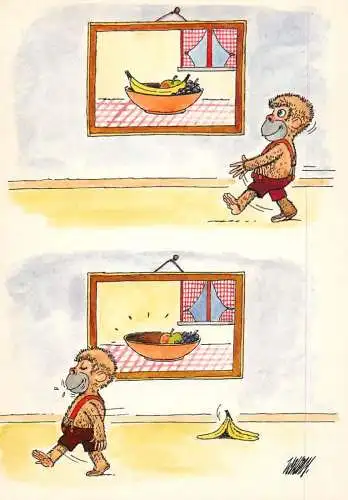 Postcard comic Belgium humanized monkey and painting