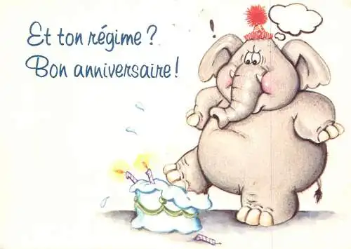 Postcard comic Belgium elephant and birthday cake