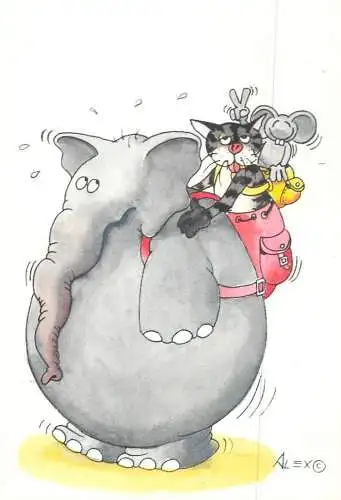 Postcard comic Belgium elephant carying cat and mouse