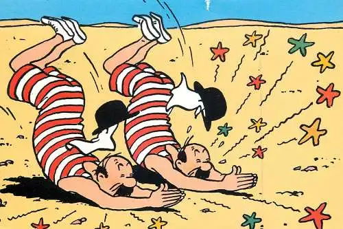 Postcard comic Belgium men in swimsuit jumping on sand