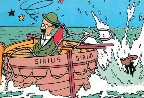 Postcard comic Belgium men in lifeboat on ocean