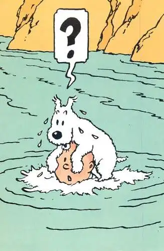Postcard comic Belgium dog on the head of a drowning man