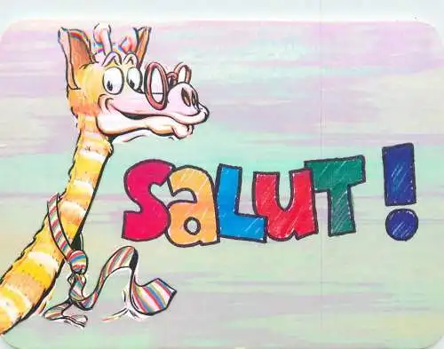 Postcard comic humanized girraffe salut!