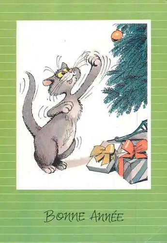 Postcard comic bonne annee cat and tree gifts 1992