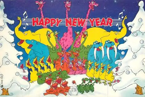 Postcard comic Happy New Year animals singing