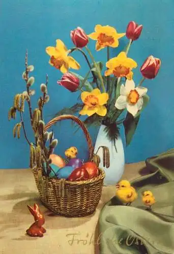 Postcard flower tulip vase Easter egg basket Germany