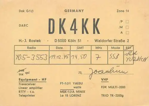 Radio amateur QSL card to YO5-3553 from Germany DK4KK Koln