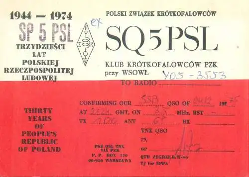 Radio amateur QSL card to YO5-3553 from Poland SP5PSL SQ5PSL