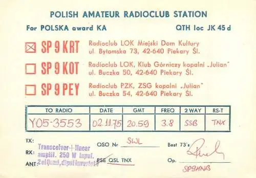 Radio amateur QSL card to YO5-3553 from Poland SP9KRT SP9KOT SP9PEY