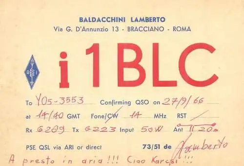 Radio amateur QSL card to YO5-3553 from Italy Rome Baldacchini Lamberto I1BLC