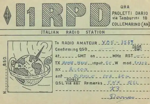 Radio amateur QSL card to YO5-3553 from Italy Collemarino I1RPD