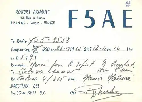 Radio amateur QSL card to YO5-3553 from France Nancy F5AE