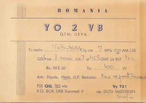Radio amateur QSL card to YO5-3553 from Romania Deva YO2VB