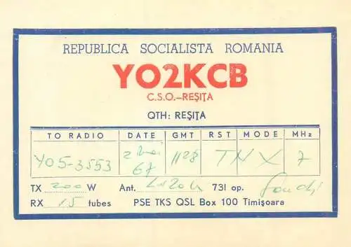 Radio amateur QSL card to YO5-3553 from Romania YO2KCB