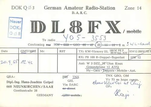 Radio amateur QSL card to YO5-3553 from Germany DL8FX