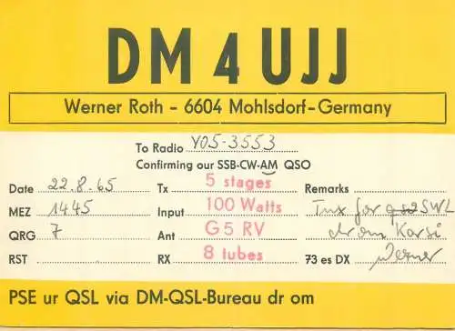 Radio amateur QSL card to YO5-3553 from Germany Mohlsdorf DM4UJJ