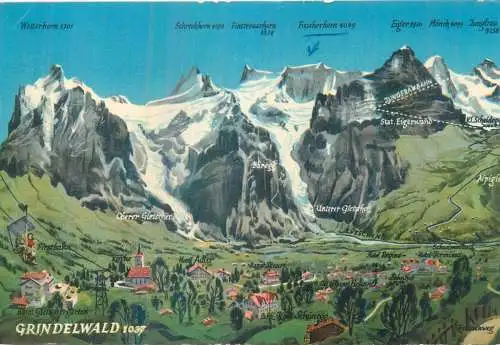 Switzerland Grindelwald 1037 m altitude mountain town illustration