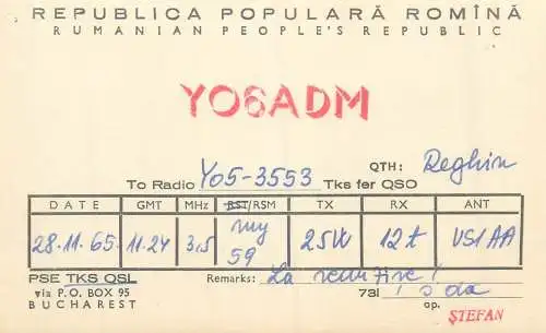 Radio amateur QSL card to Y05-3553 from Romania Bucharest Y06ADM