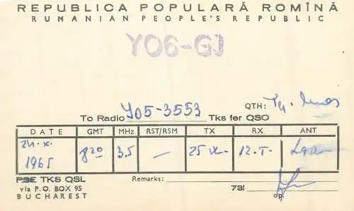 Radio amateur QSL card to Y05-3553 from Romania Bucharest Y06-GJ