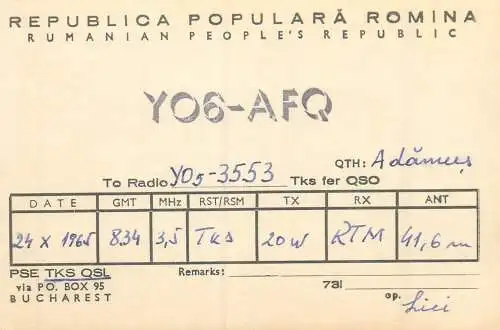 Radio amateur QSL card to Y05-3553 from Romania Bucharest TKSQSL