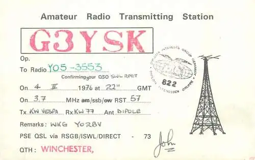 Radio amateur QSL card to Y05-3553 from Uk England Winchester G3YSK