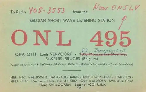 Radio amateur QSL card to Y05-3553 from Belgium St. Kruis Bruges ONL 495