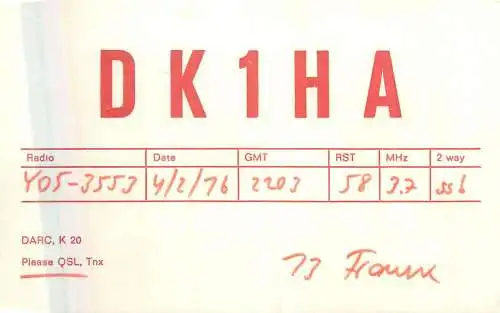 Radio amateur QSL card to Y05-3553 from DK1HA