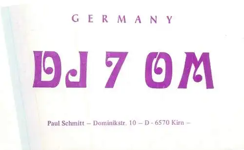 Radio amateur QSL card to Y05-3553 from Germany Paul Schmitt DJ7OM