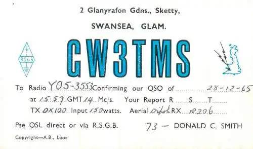 Radio amateur QSL card to Y05-3553 from Swansea Glam GW3TMS