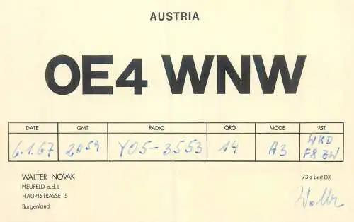 Radio amateur QSL card to Y05-3553 from Austria OE4WnW Burgenland