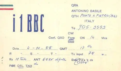 Radio amateur QSL card to Y05-3553 from Italy Antonio Basile Ponte S Pietro I1BBC