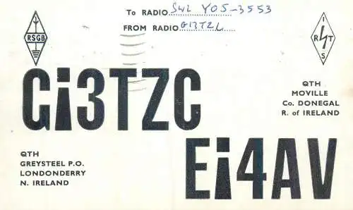 Radio amateur QSL card to Y05-3553 from Ireland Donegal GI3TZC